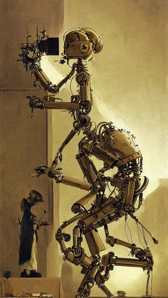 Prompt: robot artist painting a canvas, the painting is of a robot. intricate, highly detailed, photorealistic, film still, by carl spitzweg.