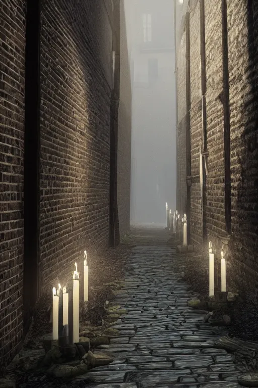 Image similar to old victorian london back alley lit by candles with dark shadows, unreal engine