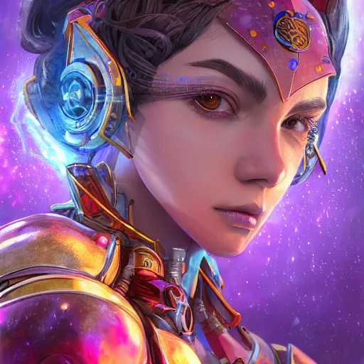 Image similar to studio portrait of lawful good colorful female holy mecha paladin absurdly beautiful, elegant, young sensual graceful woman, ultrafine hyperrealistic detailed face illustration by kim jung gi, irakli nadar, intricate linework, sharp focus, bright colors, matte, octopath traveler, final fantasy, unreal engine highly rendered, global illumination, radiant light, intricate environment