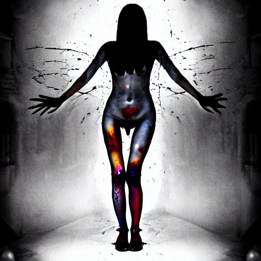 Image similar to a woman whos body is static losing frequency phasing out, dark eerie photo taken by digital hollywood, bleeding rich decaying colors!