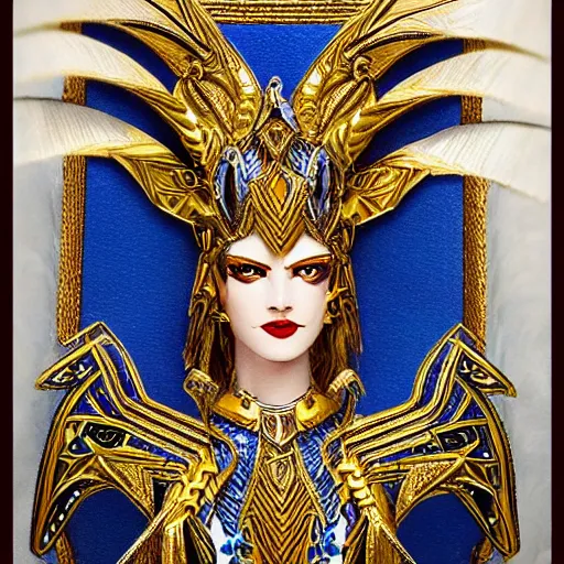 Image similar to art deco portrait valkyrie, blue and gold ornate armor, highly detailed, intricate detail, art station,