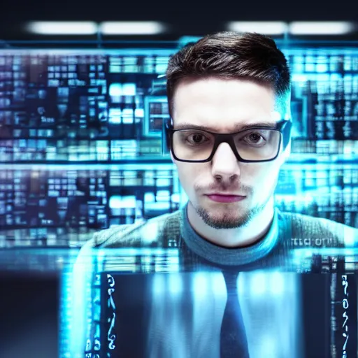 Image similar to a Portrait of a hacker, computer screens in the background, dark, dramatic, realistic studio lighting, realistic reflections, 4k, professional, canon