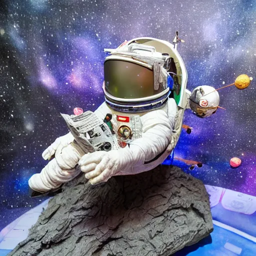 Image similar to a space admiral tethered to an asteroid, with spaceship, space backdrop, everything made of papier - mache canon 5 d 5 0 mm lens, diorama, newspaper,