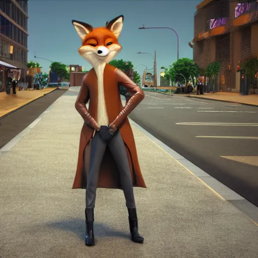 Image similar to 3 d render, anthropomorphic fox, male, in a brown leather maxi jacket, in the style of zootopia