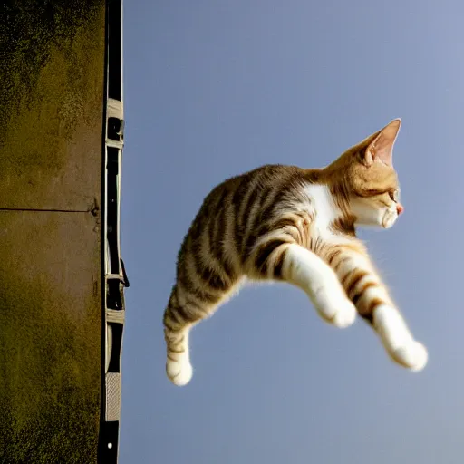 Image similar to a cat jumping off a plane, photography