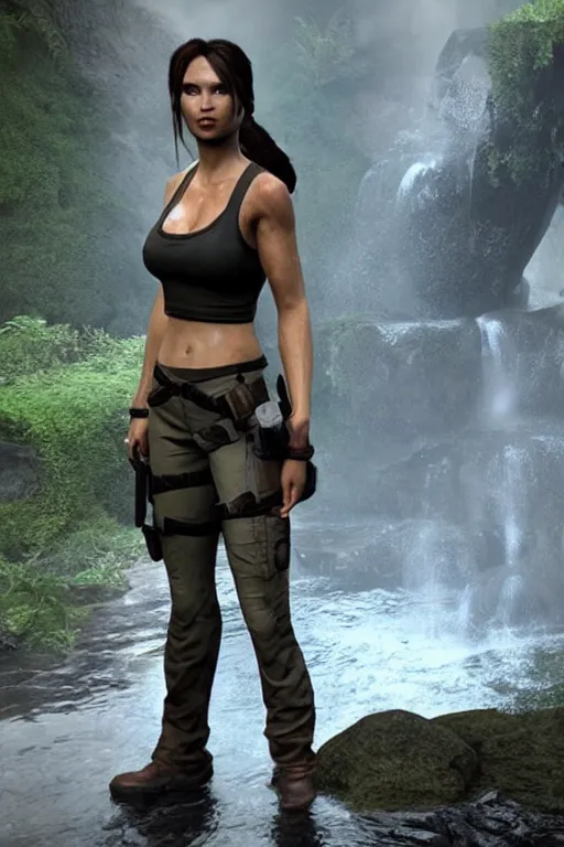 Prompt: film scene of lara croft, drenched body, wet dripping hair, emerging from the water, unreal engine