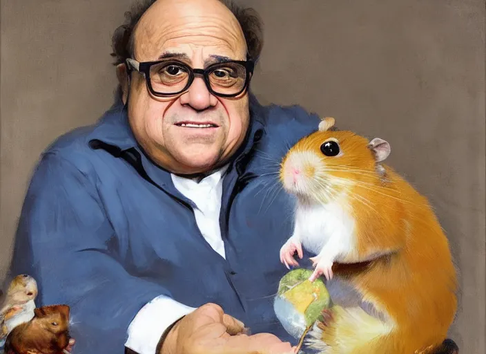 Image similar to a highly detailed beautiful portrait of danny devito with a hamster, by gregory manchess, james gurney, james jean