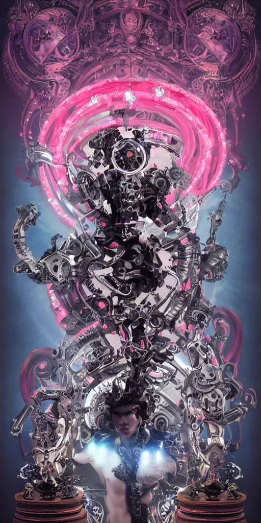 Image similar to baroque and cyberpunk style full-body sculpture of a young seductive Hispanic prince half android with a chest exposing a glowing ruby battery, glowing pink seductive laser eyes, crown of blue gears and diamonds, swirling salmon-colored silk fabric, robotic raptors dinosaurs. baroque elements. full-length view. intricate artwork by caravaggio. art by Artgerm and Greg Rutkowski and Alphonse Mucha, Trending on artstation, cinematic industrial lighting, photorealistic, octane render, 8k, depth of field, 3D