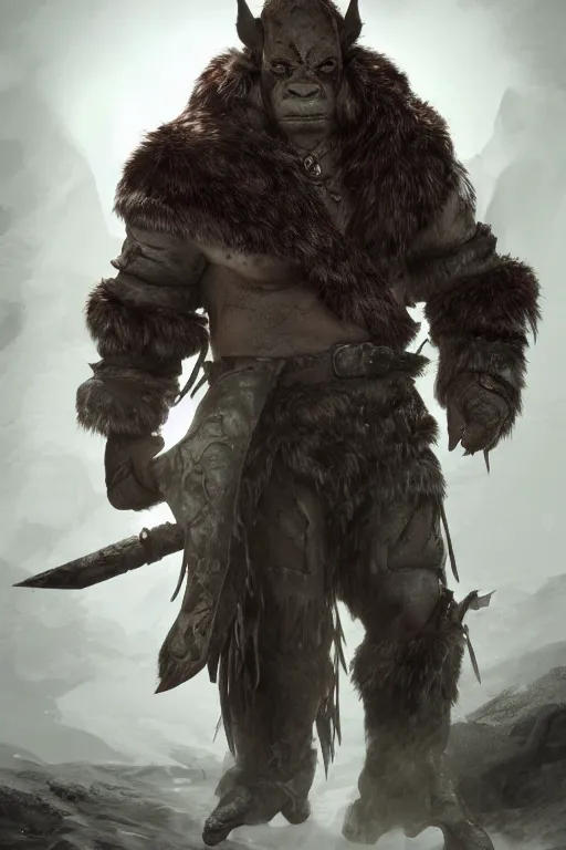 Image similar to A full body shot of a handsome orc looking into the camera wearing a leather fur jacket and boots, full body shot, detailed face, artstation, realistic, highly detailed, symmetrical, hyper realistic, dynamic pose, high detail, octane render, unreal engine, 8k, fantasy art, highly detailed, concept art