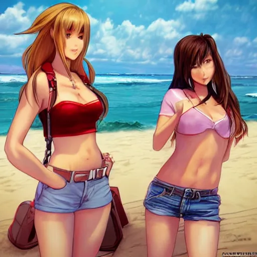 Image similar to beautiful aerith and tifa and jessie from final fantasy in daisy dukes on the beach making eye contact drawn by artgerm