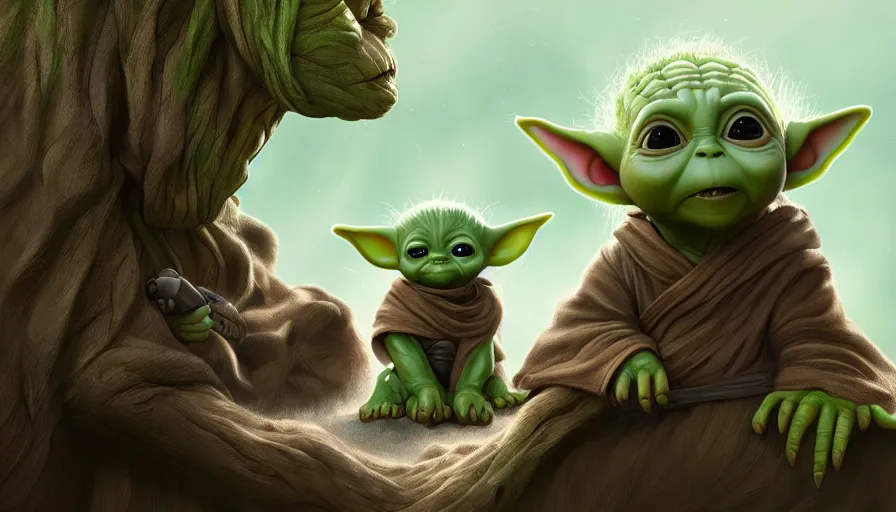 Prompt: Digital painting of Baby Yoda talking with Groot, hyperdetailed, artstation, cgsociety, 8k