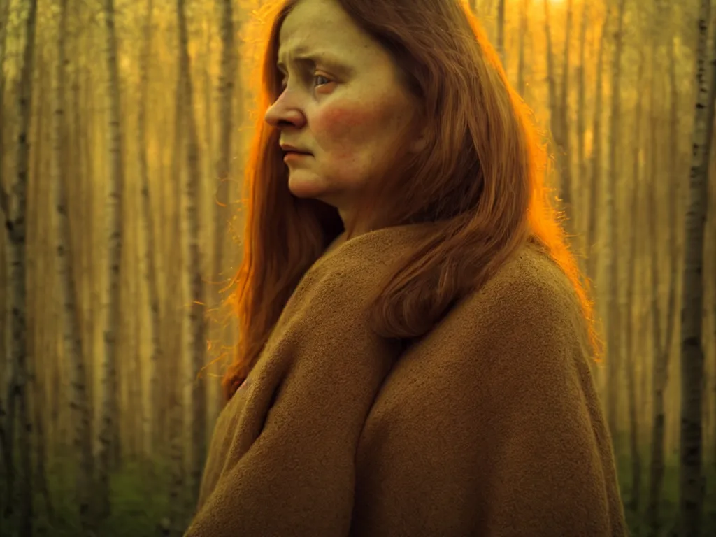 Prompt: close up portrait of woman, solemn expression, faded color film, russian cinema, tarkovsky, kodachrome, heavy birch forest, long brown hair, old clothing, heavy fog, atmospheric haze, brown color palette, sunset, low light, dramatic lighting