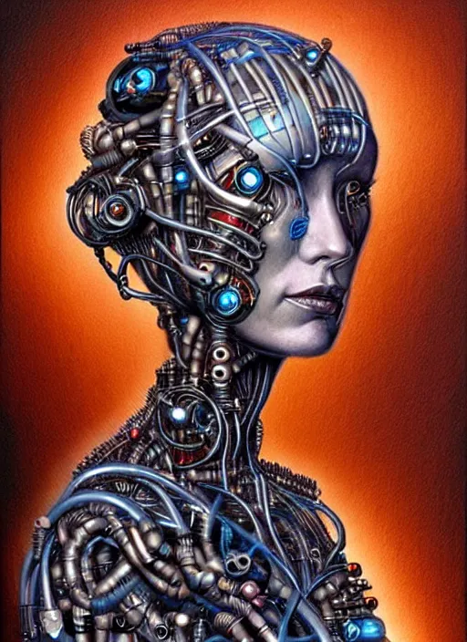 Image similar to biopunk cyborg portrait by julie bell, intricate biopunk patterns, vacuum tubes, detailed!, very sharp!!!