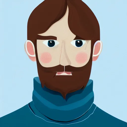 Image similar to gangly man with short light brown wavy hair, light brown stubble beard, no mustache, English heritage, blue eyes, middle aged, wearing a turtleneck and jacket, pale skin, narrow face, digital art, painterly, cartoon, cute, 8k, illustration, art by loish, painterly, trending on artstation, medium shot, uncropped