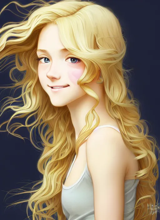 Image similar to young blond girl with long curly, golden hair, perfectly proportioned face, brown eyes, sweet smile, strong jawline,, natural lighting, path traced, highly detailed, high quality, cartoon, digital painting, by new haicheng and studio ghibli and alphonse mucha