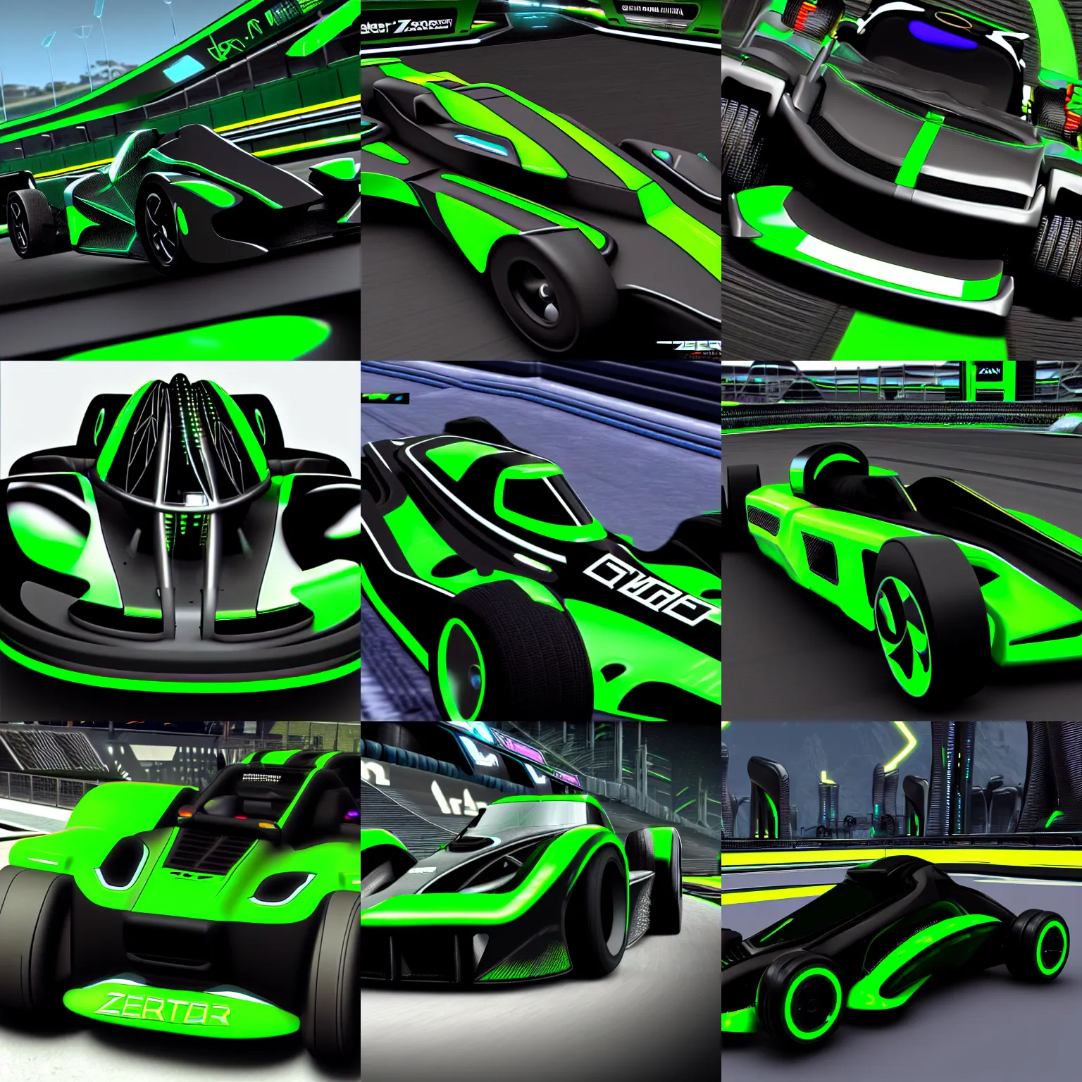 Prompt: ZeratoR text in a futuristic Trackmania racing car ((ZeratoR). Black and green, cyberpunk, intricate detailed racing car.