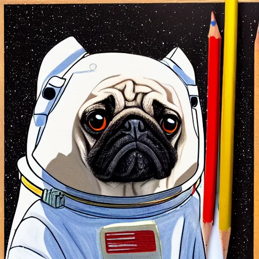 Image similar to gif, high - resolution, pencil art, colorized, extra - detailed, pug astronaut, opening door, in space that leads into the universe