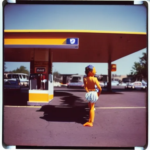 Prompt: Ashoka at a gas station, 90s polaroid, by Saul Leiter, Jamel Shabazz, Nan Goldin