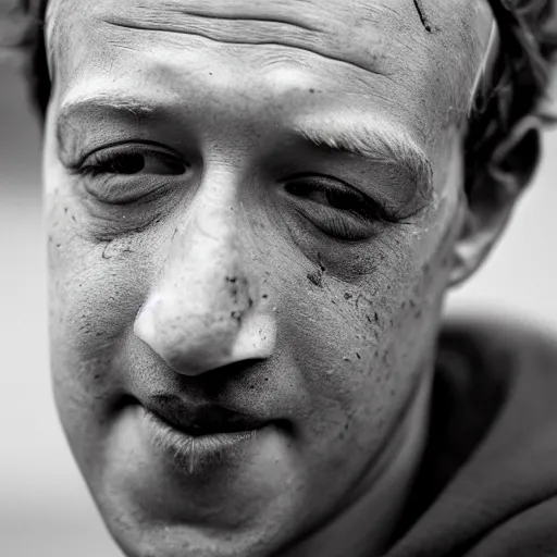 Image similar to mark zuckerberg as a dirty decrepit homeless man begging for money, 4 k ultra high detailed