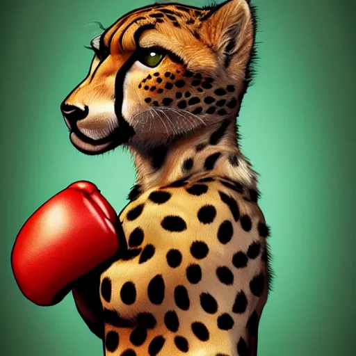 Prompt: cheetah wearing boxing gloves, high resolution, award winning, artstation, concept art,