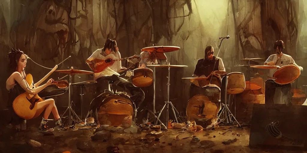 Image similar to fishes band play on drums and guitar, piano, rock concert, greg rutkowski