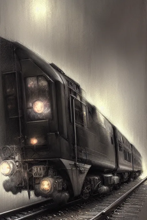 Prompt: hyperrealist pencil sketch of a train by jeremy mann and alphonse mucha, fantasy art, drawing, dynamic lighting, artstation, poster, volumetric lighting, very detailed faces, 4 k, award winning