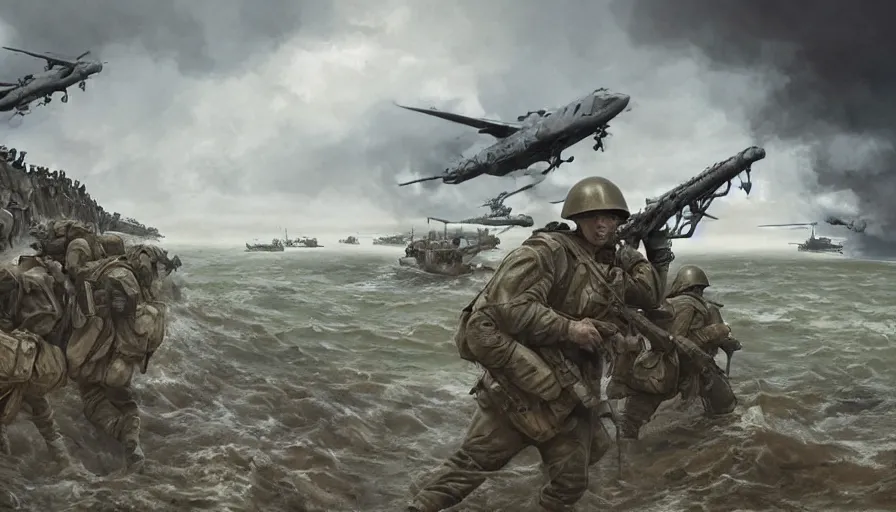 Image similar to Digital painting of D-Day in Normandy, hyperdetailed, artstation, cgsociety, 8k