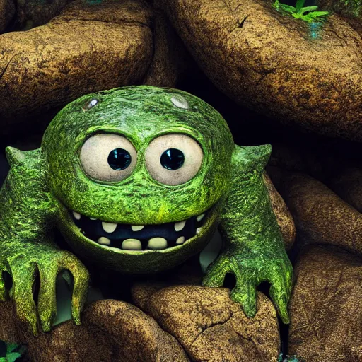 Prompt: monster made of river stone and moss, copper eyes, lush river garden, ultra realistic, 4 k, hyper realistic, octane render, harry potter, cinematic, ultra detail, cute