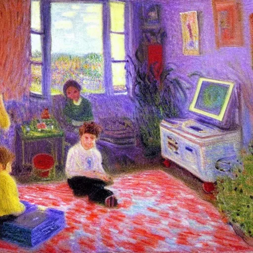 Image similar to monet painting of a 90s bedroom, kids sitting around playing nintendo, colorful,