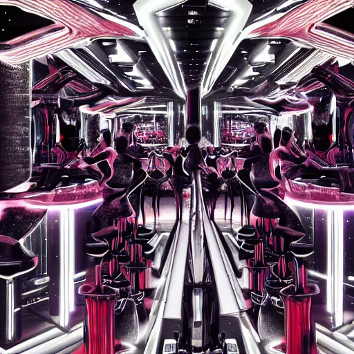 Image similar to ultra realist soft painting render of the inside futuristic bar in loveraftian universe, beautiful cyborg dancers, crowded silhouettes, symmetry accurate features, very intricate details, black white red purple color palette, masterpiece award winning, cinematic lighting, focus