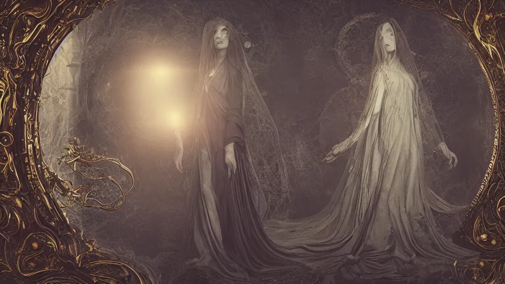 Image similar to whimsically designed pre-raphaelite dark cloaked divine missionary, symmetrical , before an orb of blue light, gold, rococo details, octane render, 4k post processing is very detailed, moody lighting, Maya+V-Ray +metal art+ extremely detailed, beautiful, unreal engine, lovecraft, Big Bang cosmology in LSD+IPAK,4K, beatiful art by Lêon François Comerre, ashley wood, craig mullins, ,outer space view, William-Adolphe Bouguereau, Rosetti