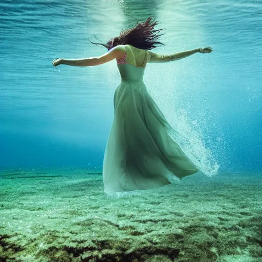 Prompt: woman with a long flowing dress swimming underwater