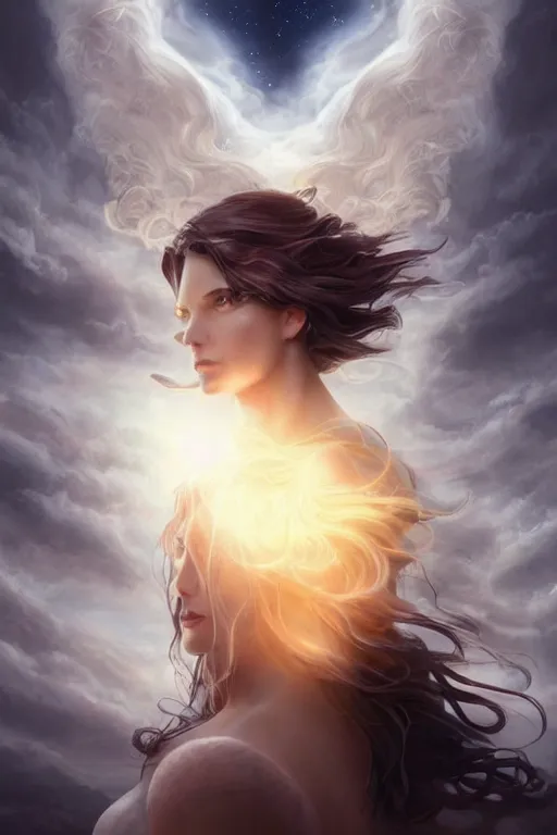 Prompt: a celestial goddess casts a transcendental magical spell, windy floating hair!!, atmospheric moody, dark academia, seductive beauty! cinematic volumetric lights, bust portrait, dnd, fantasy, intricate, elegant, highly detailed, digital painting, artstation, concept art, smooth, sharp focus, illustration, art by artgerm and tom bagshaw and greg rutkowski and alphonse mucha