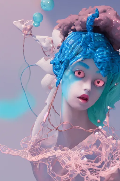 Image similar to an epic non - binary model, subject made of white mesh rope, with cerulean and pastel pink bubbles bursting out, delicate, beautiful, intricate, liquid background, melting into sylveon, houdini sidefx, by jeremy mann and ilya kuvshinov, jamie hewlett and ayami kojima, trending on artstation, bold 3 d