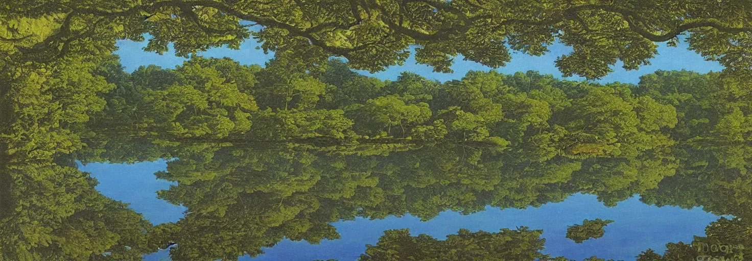 Image similar to escher painting of a lake, big trees reflecting on lake surface, ultra sharp, ultra detailed, colorized by salvador