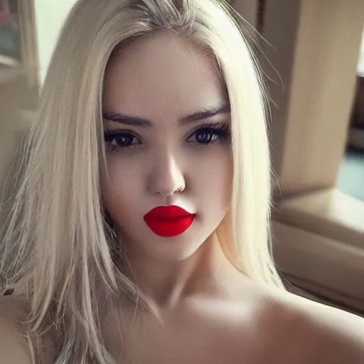 Beautiful white girl with red lips looks to the camera. Stunning blonda girl.  Stock Photo by valuavitaly