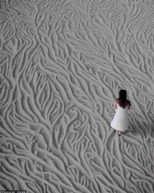 Image similar to a woman standing on a beach, made of intricate decorative lace leaf skeleton, shot from a drone, in the style of the dutch masters and gregory crewdson, dark and moody