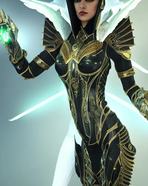 Prompt: sultry egyptian queen wearing white dove wings, warframe armor, regal, attractive, ornate, sultry, elize theron, pretty face, green eyes, scifi platform, 4 k, ultra realistic, epic lighting, illuminated, cinematic, black gold, art by akihito tsukushi, voidstar