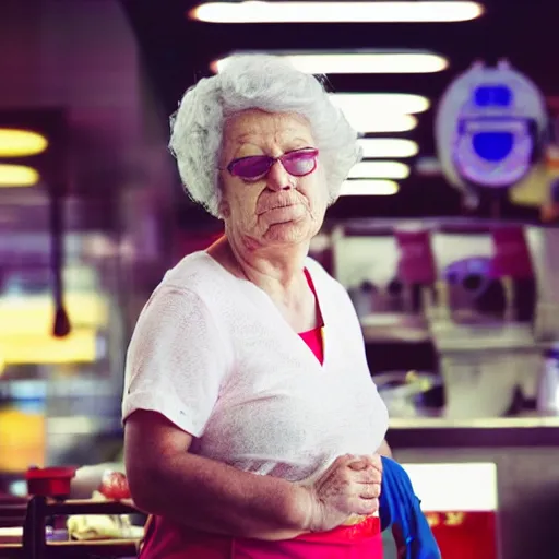 Prompt: granny portrait working in a fast food restaurant, in a cinematic cyberpunk style, 3 5 mm