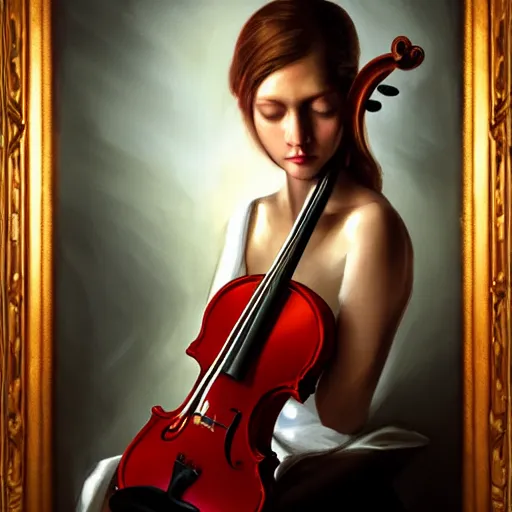 Image similar to violin character playing a woman, oil painting, artstation, dramatic lighting, symmetry, beautiful