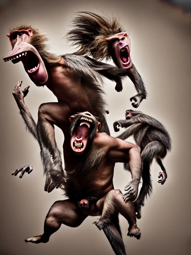 Image similar to a formal portrait photograph of a screaming man transforming into a baboon and horse simultaneously