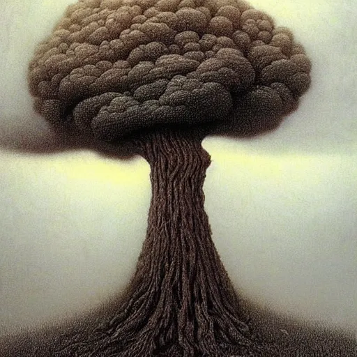 Image similar to thunderstorm hitting tree made by zdzisław beksinski