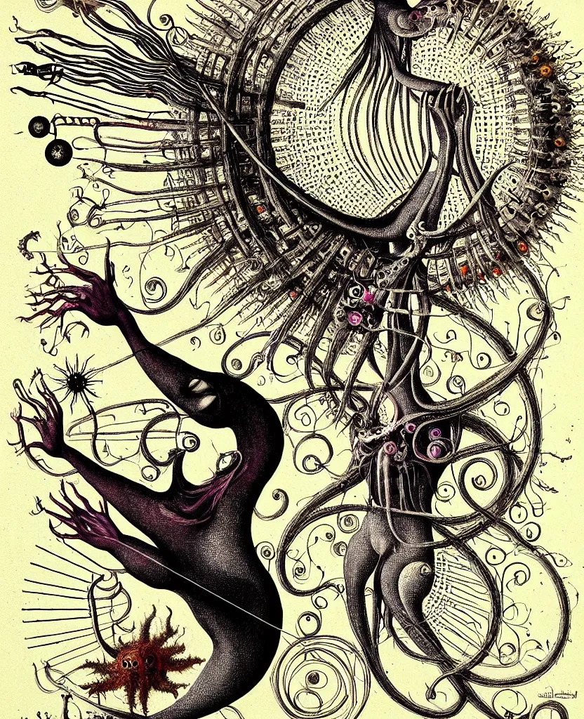 Image similar to whimsical freaky creature sings a unique canto about'as above so below'being ignited by the spirit of haeckel and robert fludd, breakthrough is iminent, glory be to the magic within, painted by ronny khalil