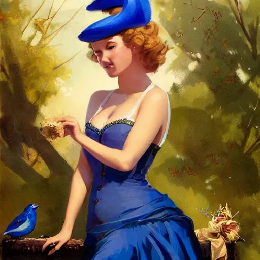 Image similar to an indigo bunting, bird, wearing a crown and bowtie by greg rutkowski, rossdraws, gil elvgren, enoch bolles, anime, very coherent