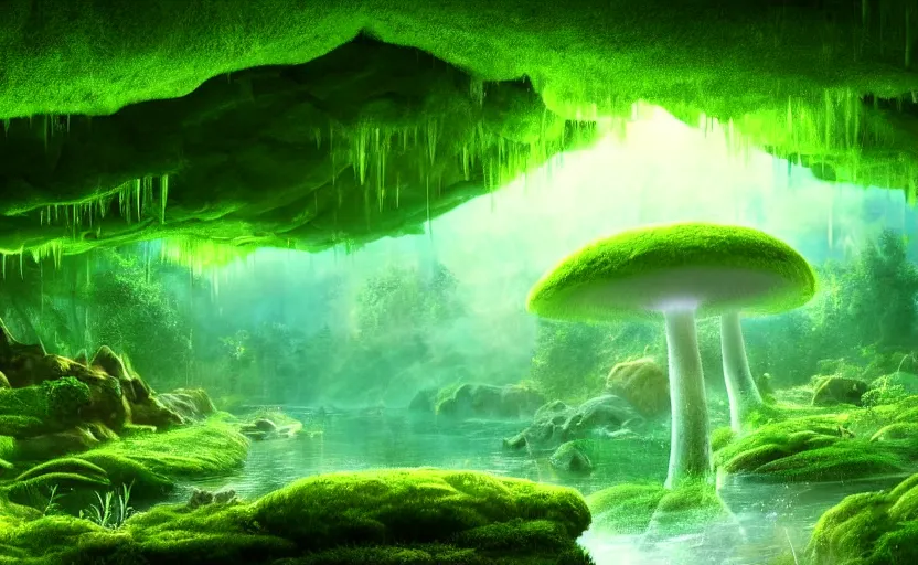 Prompt: a beautiful and stunning professional digital artwork of a glowing mushroom cave, haze, spores floating in the air, waterfall, volumetric lighting, hyperrealistic, green, blue, rtx on, ultra detail