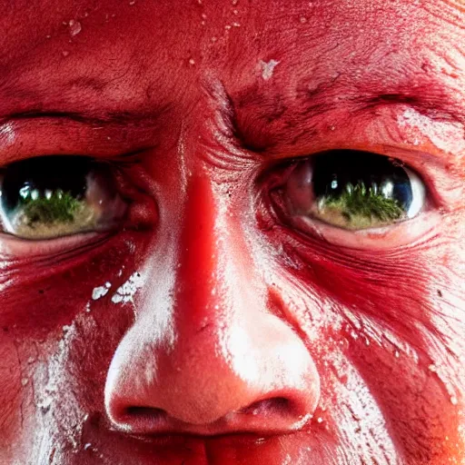 Prompt: extreme closeup of sweaty red person, wideangle