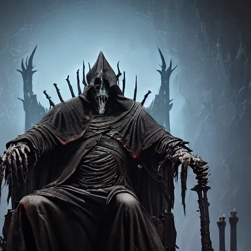 Prompt: A closeup of a undead lich sitting on a throne by Greg Rutkowski, Bloodborne, 4k photorealistic, volumetric lighting, HD, high details, dramatic, dark atmosphere, trending on artstation