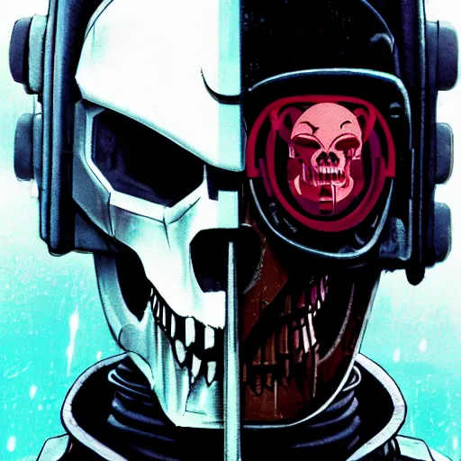 Image similar to close up portrait of a violent 40th century Space Pirate, most wanted warhammer 40k criminal, wolf skull helmet, futuristic data traveler, Ghost in the shell, Akira, cyberpunk vilain, Blade Runner