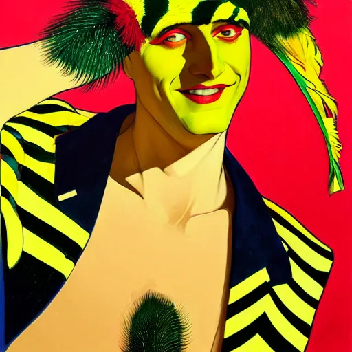 Prompt: art by joshua middleton, a close up portrait of the golden creeper, a tall manically smiling yellow - skinned man with green and black striped cycling shorts and wearing a long red and black striped ostrich feather boa, yellow makeup, mucha, kandinsky, poster, art deco motifs, comic art, stylised design, scarlet feather boa