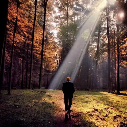 Image similar to 1 9 9 0 s candid 3 5 mm photo of a beautiful forest in tokyo, cinematic lighting, cinematic look, golden hour, the clouds are epic and colorful with cinematic rays of light, a man walks down the center of the forest with a beanie on, photographed by petra collins, uhd